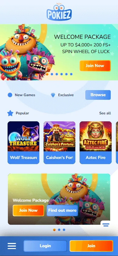 Pokiez Casino home view on a mobile device