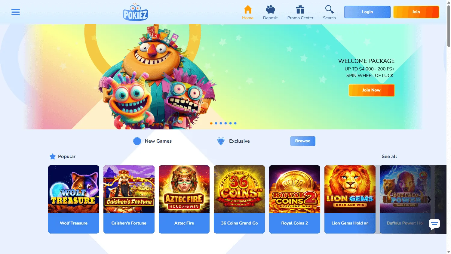 Pokiez Casino home view on desktop